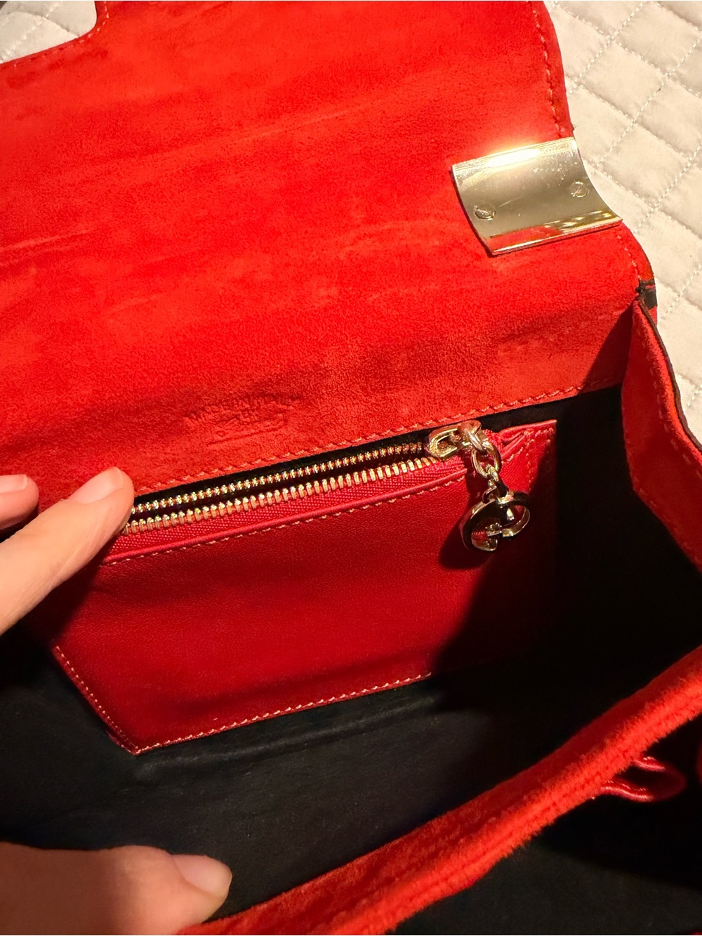 Red Suede Top-Handle Women's Bag with Gold Hardware - Picture 6 of 7